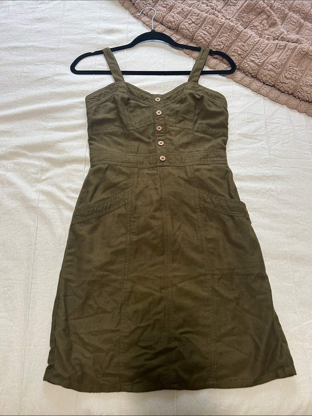 Olive Green Pocket Dress Boho Cottagecore Earthy